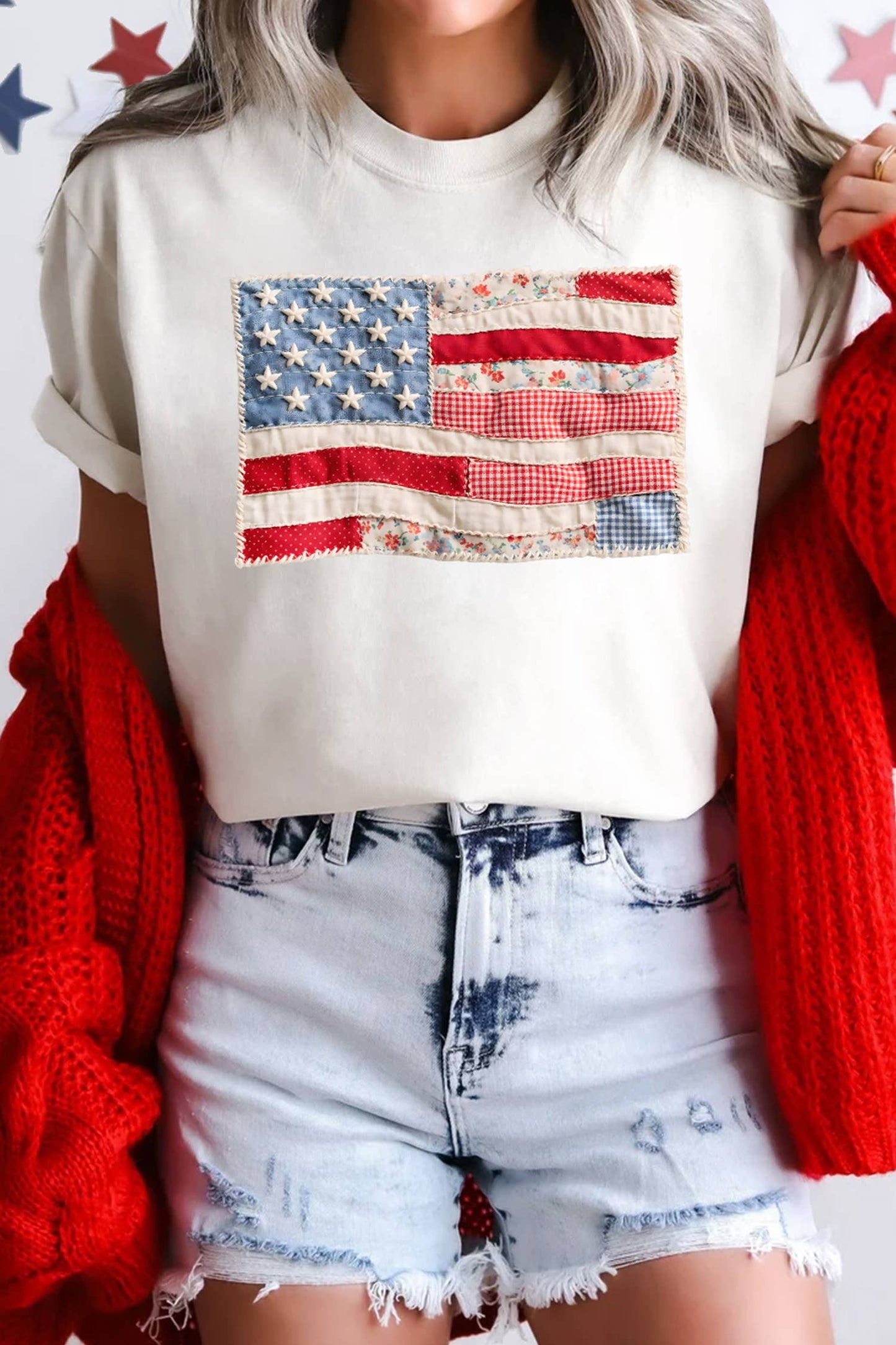 Faux Patchwork Printed US Flag Casual Tee