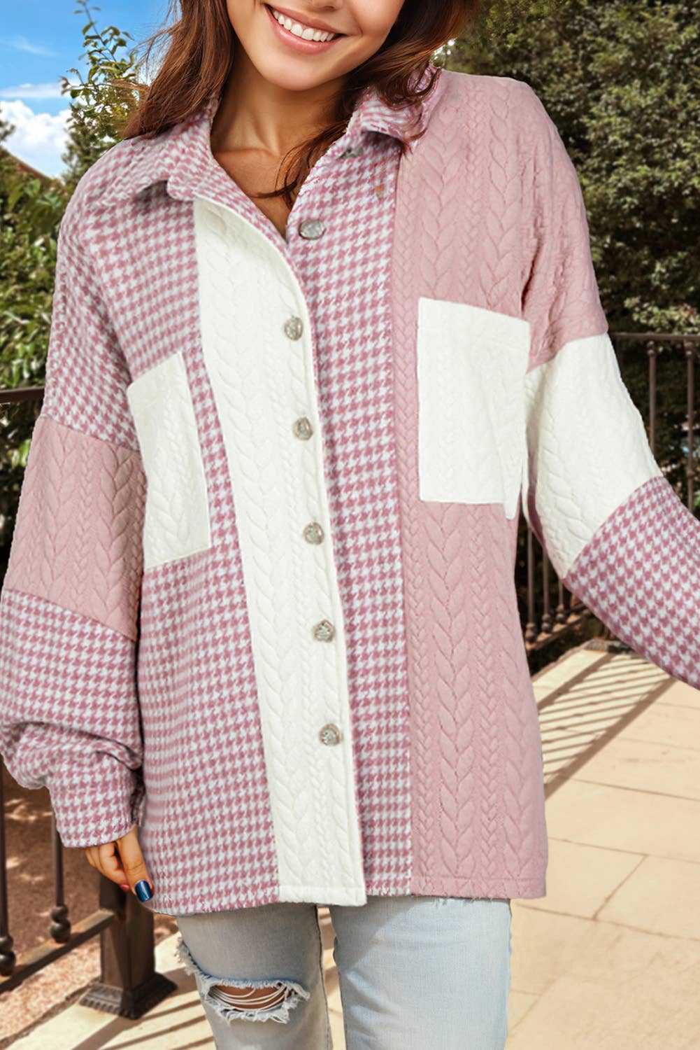 Houndstooth Textured Patchwork Shacket