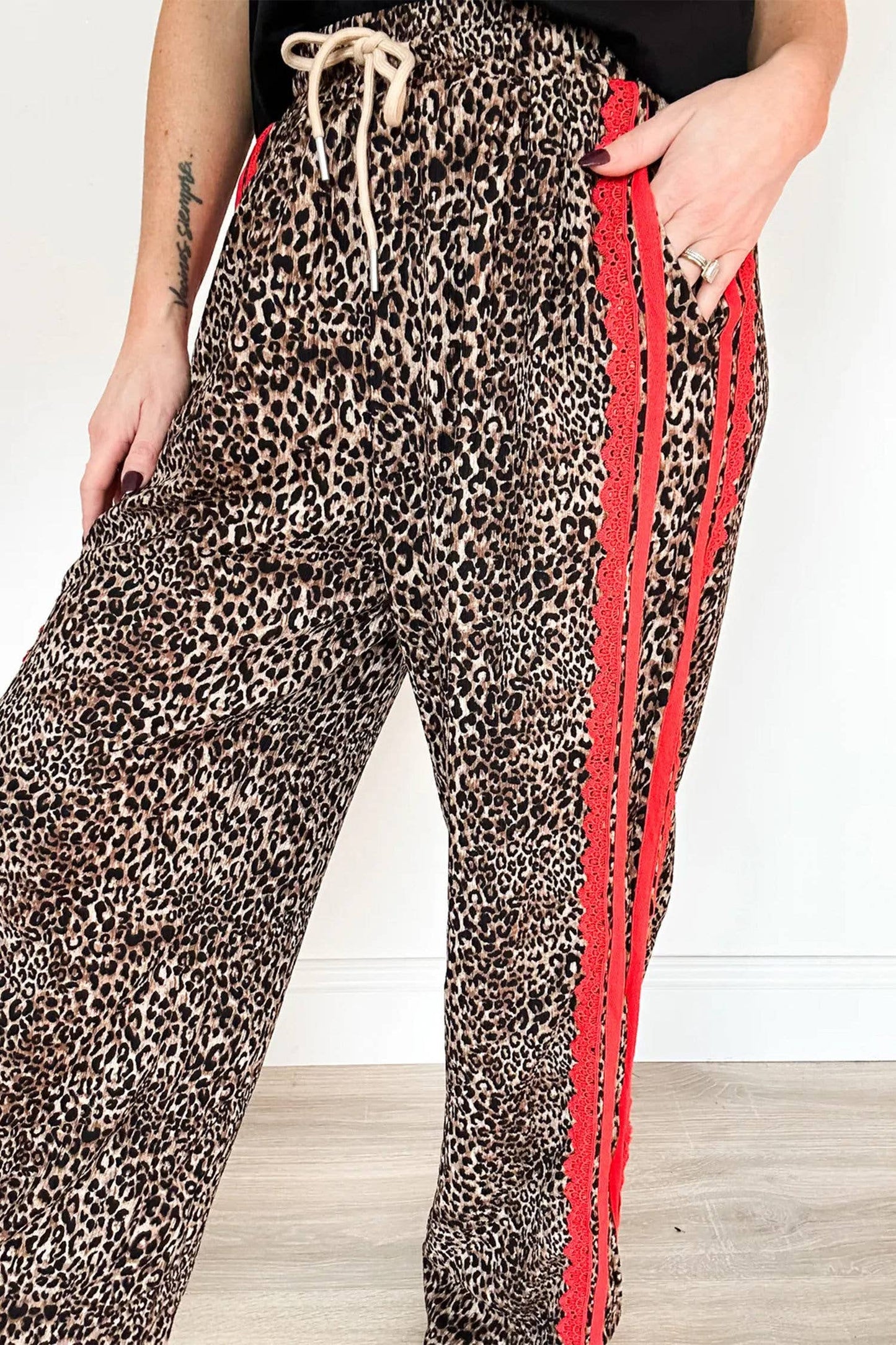 Leopard Print Contrast Lace Striped Drawstring Pants