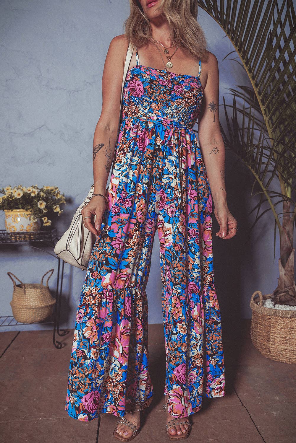 Floral Smocked Wide Leg Summer Jumpsuit