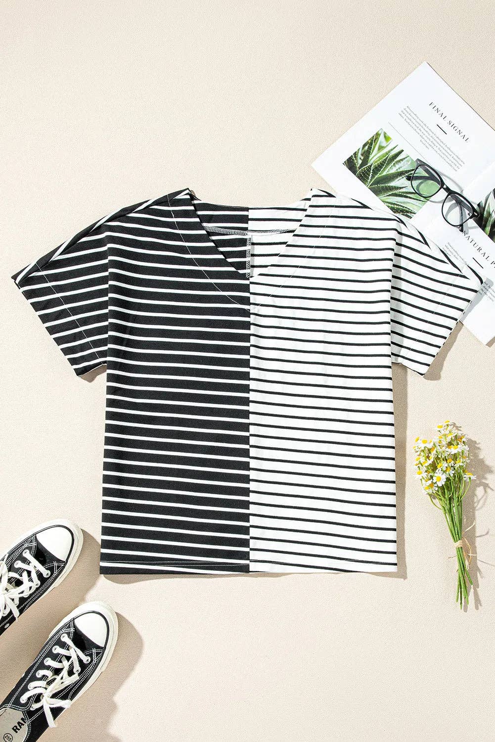 Stripe Colorblock V-Neck Tee