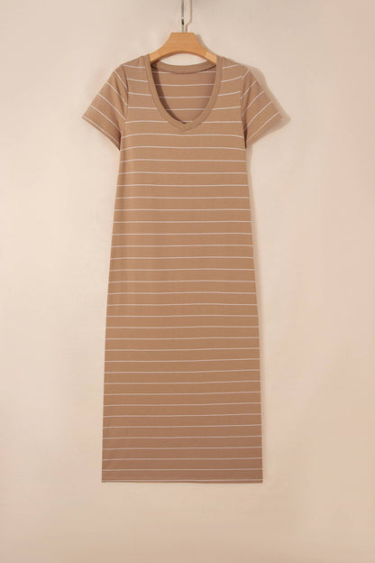 Stripe Short Sleeve Side Slit Maxi T Shirt Dress