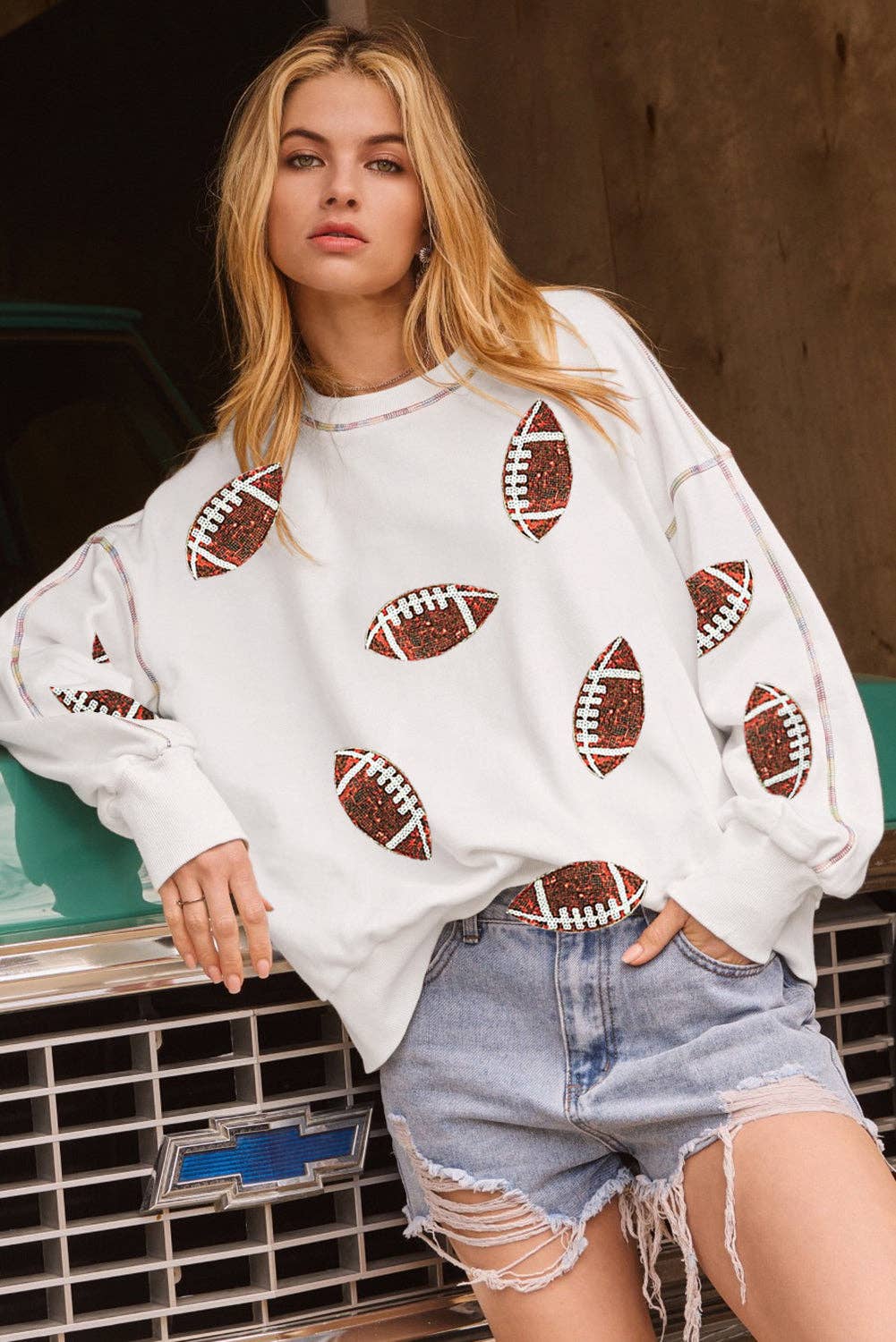 White Sequin Football Exposed Seam Sweatshirt