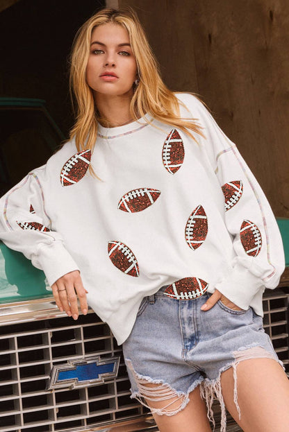 White Sequin Football Exposed Seam Sweatshirt