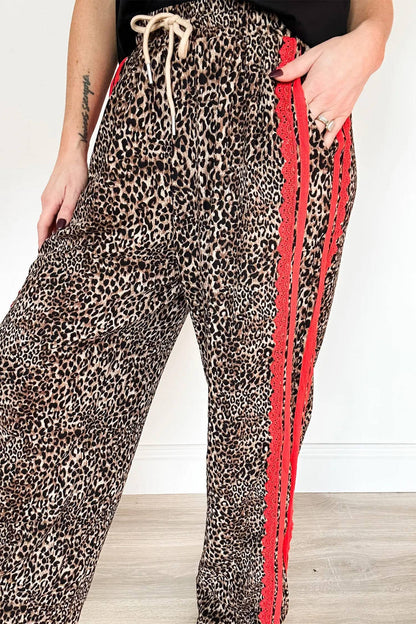 Leopard Print Contrast Lace Striped Drawstring Pants