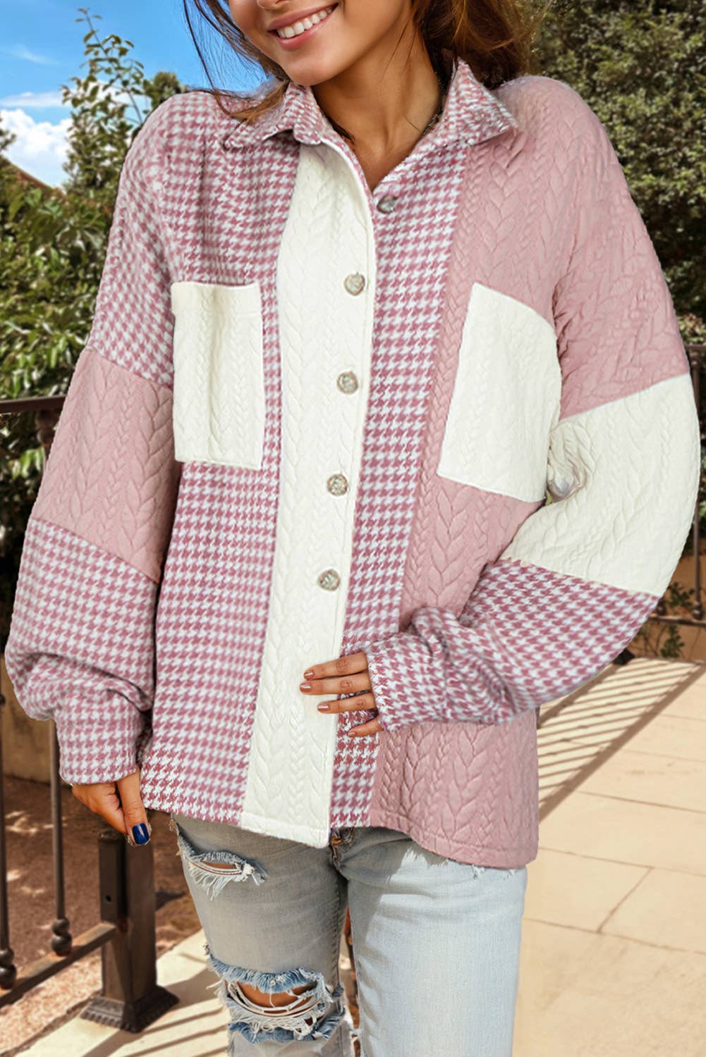 Houndstooth  Textured Patchwork Shacket