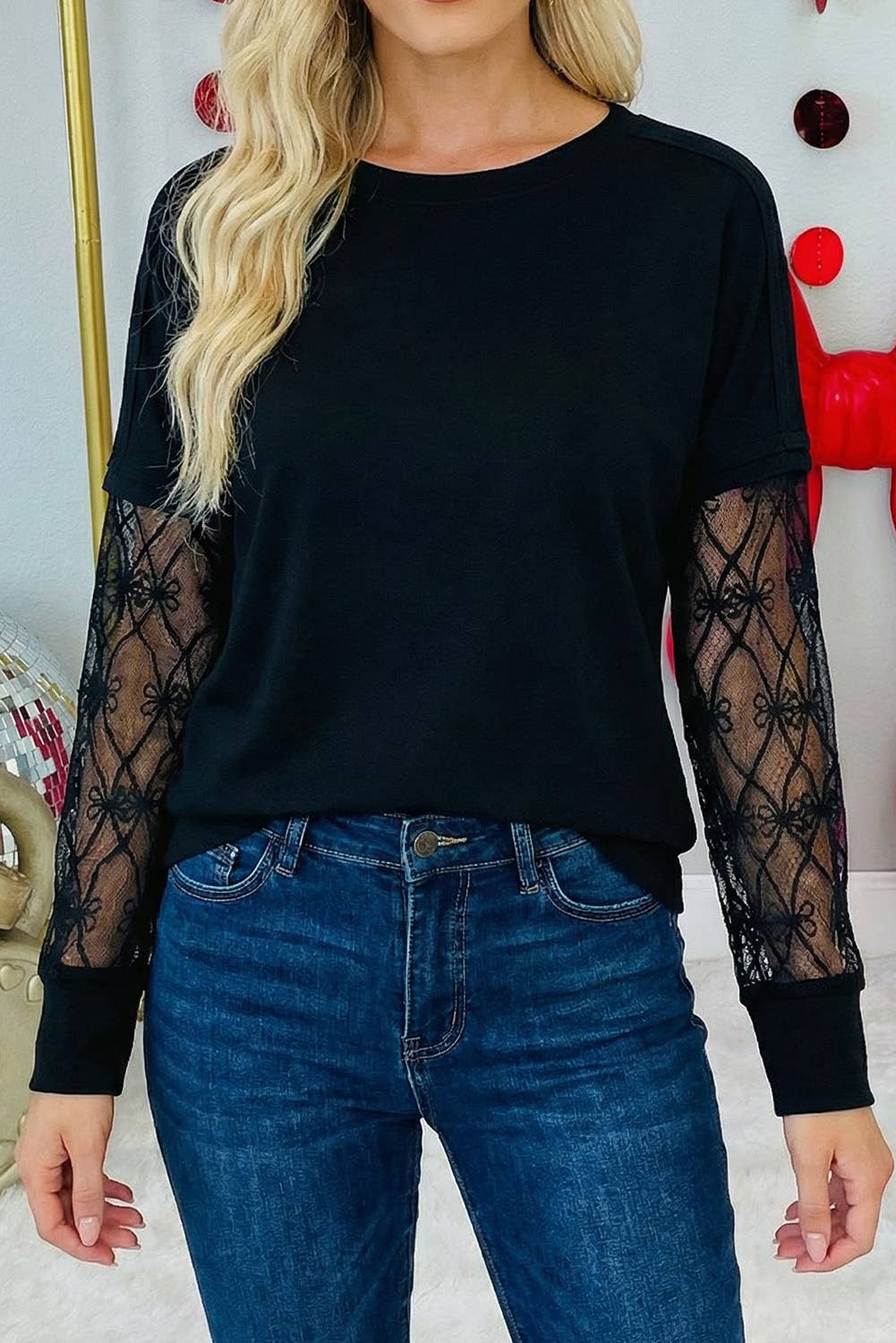 Bow Mesh Textured Long Sleeve Tee