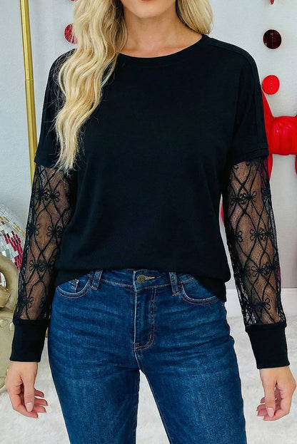 Bow Mesh Textured Long Sleeve Tee