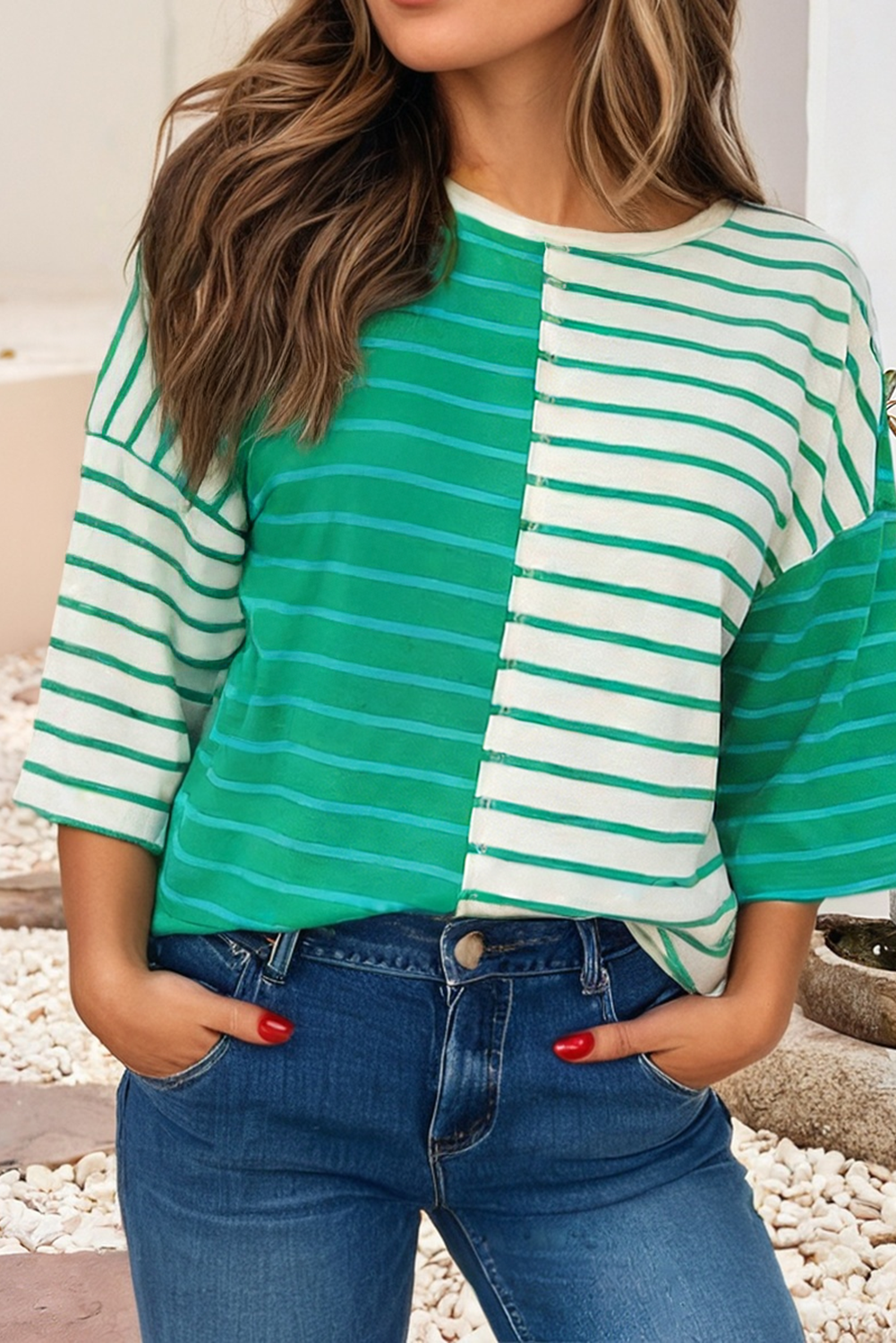 LDC Stripe Colorblock Drop Shoulder T-shirt