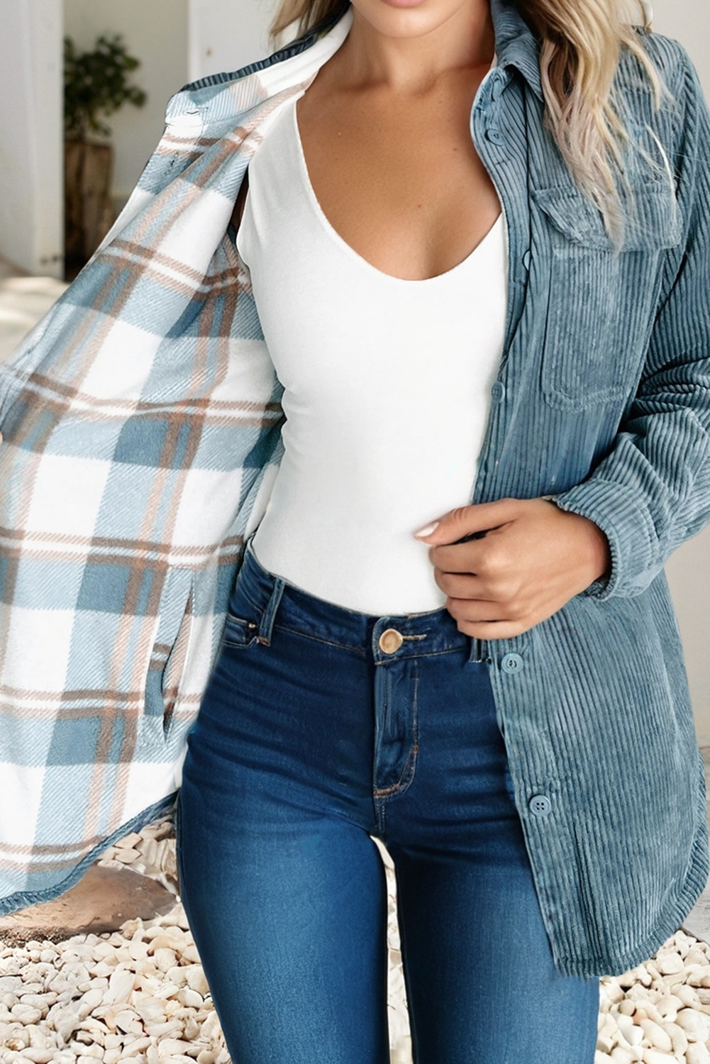 LDC Plaid Corduroy Reversible Button Up Shacket