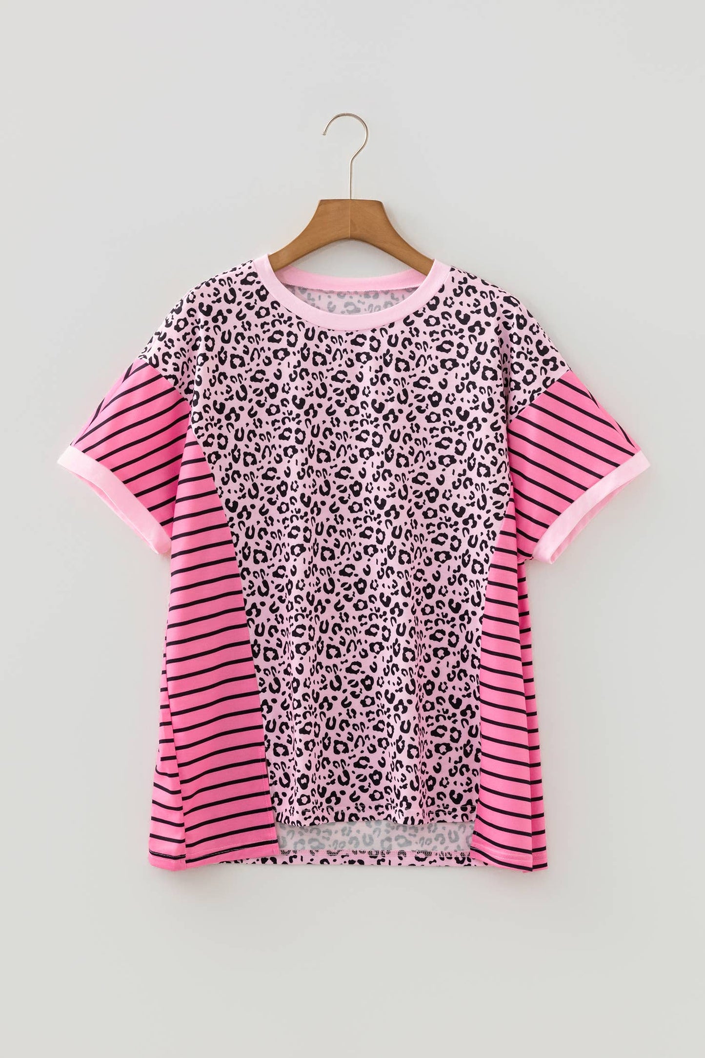 LAS Leopard Striped Patchwork Side Slit Loose Top