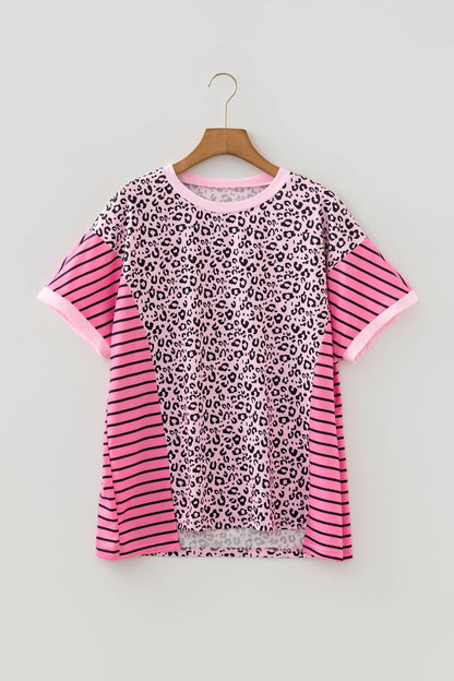 LAS Leopard Striped Patchwork Side Slit Loose Top