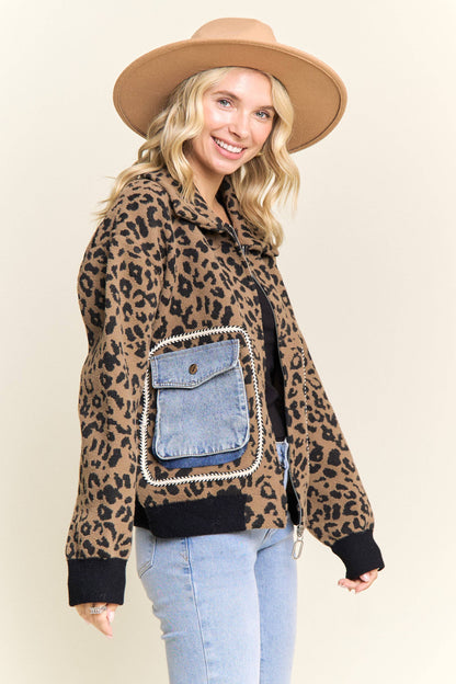 LEOPARD PRINT JACKET WITH DENIM POCKETS