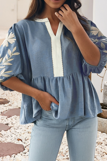 Embroidered Puff Babydoll Blouse