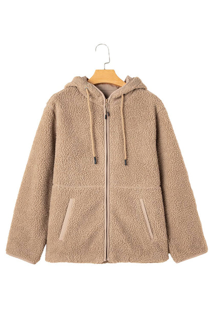 Fleece Zip Up Drawstring Hooded Pocketed Jacket