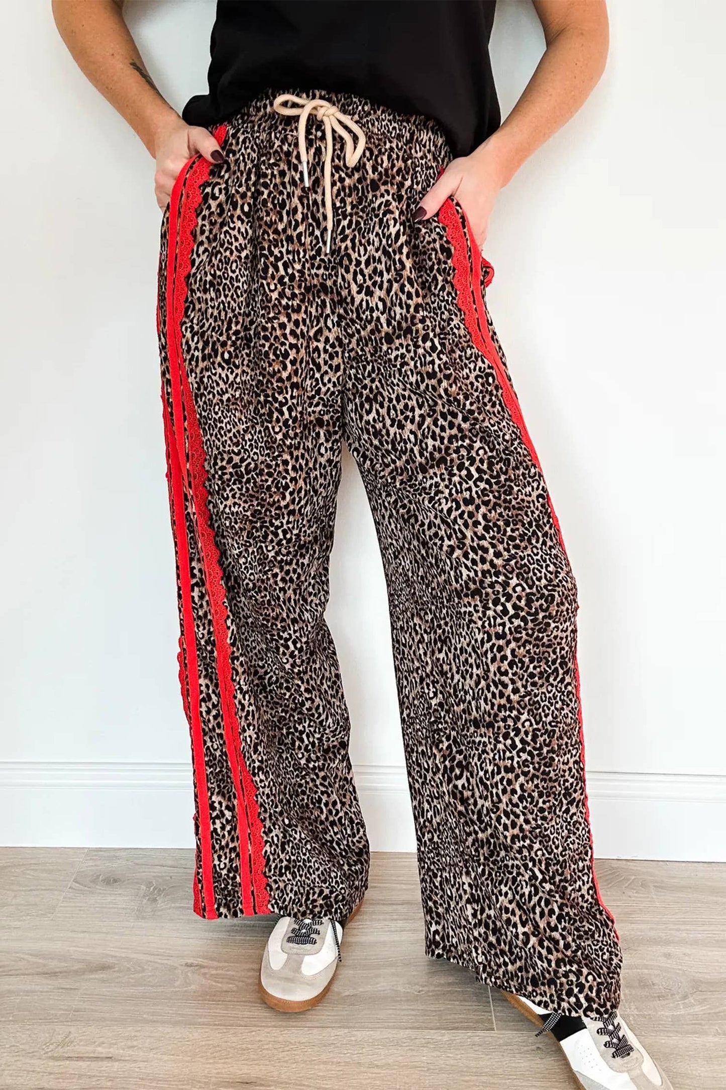 Leopard Print Contrast Lace Striped Drawstring Pants
