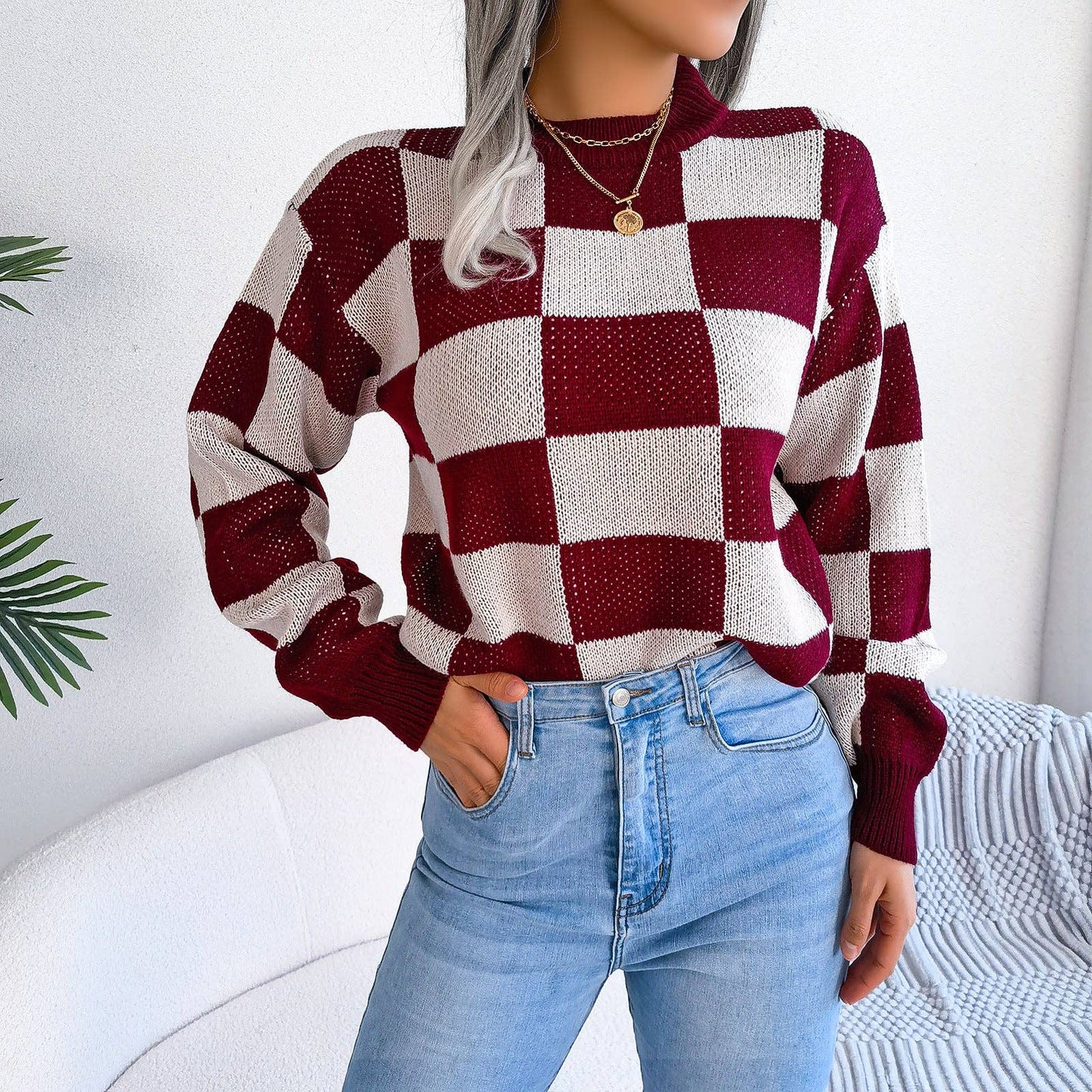 Checkered Knit Sweater