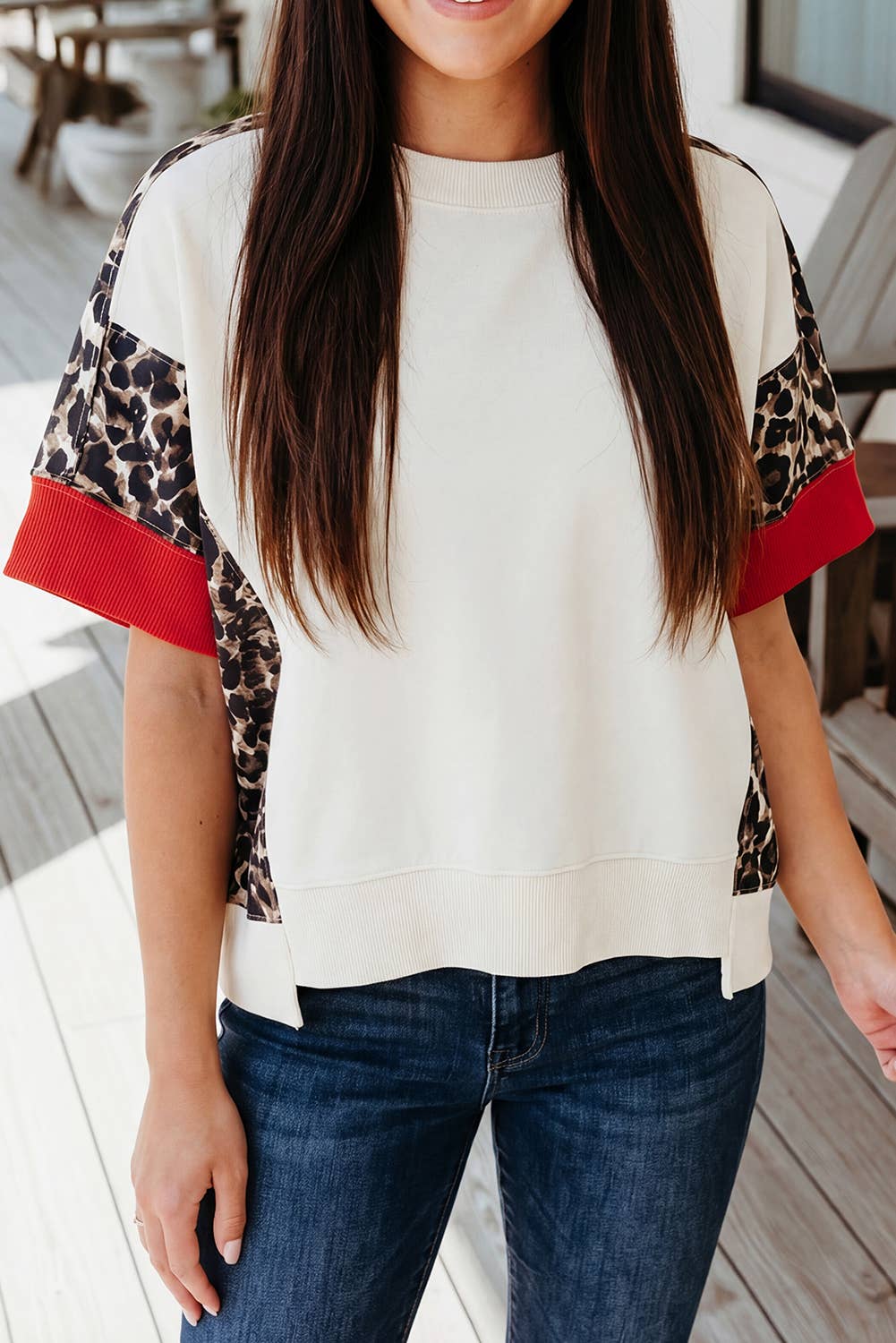 Leopard Block Uneven Hem Short Sleeve Top