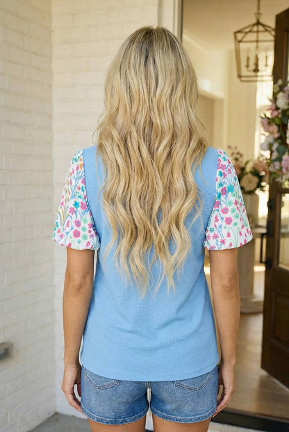 LAS Textured Contrast Floral Bubble Sleeve Blouse