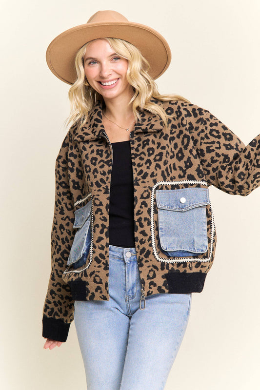LEOPARD PRINT JACKET WITH DENIM POCKETS