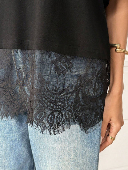 Lace Hem Loose Short Sleeve T Shirt