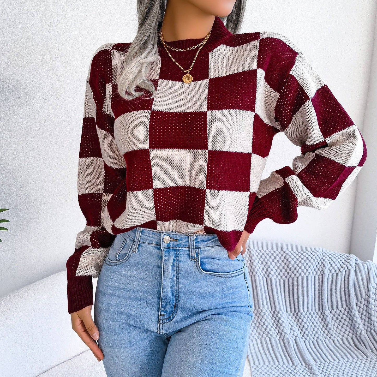 Checkered Knit Sweater