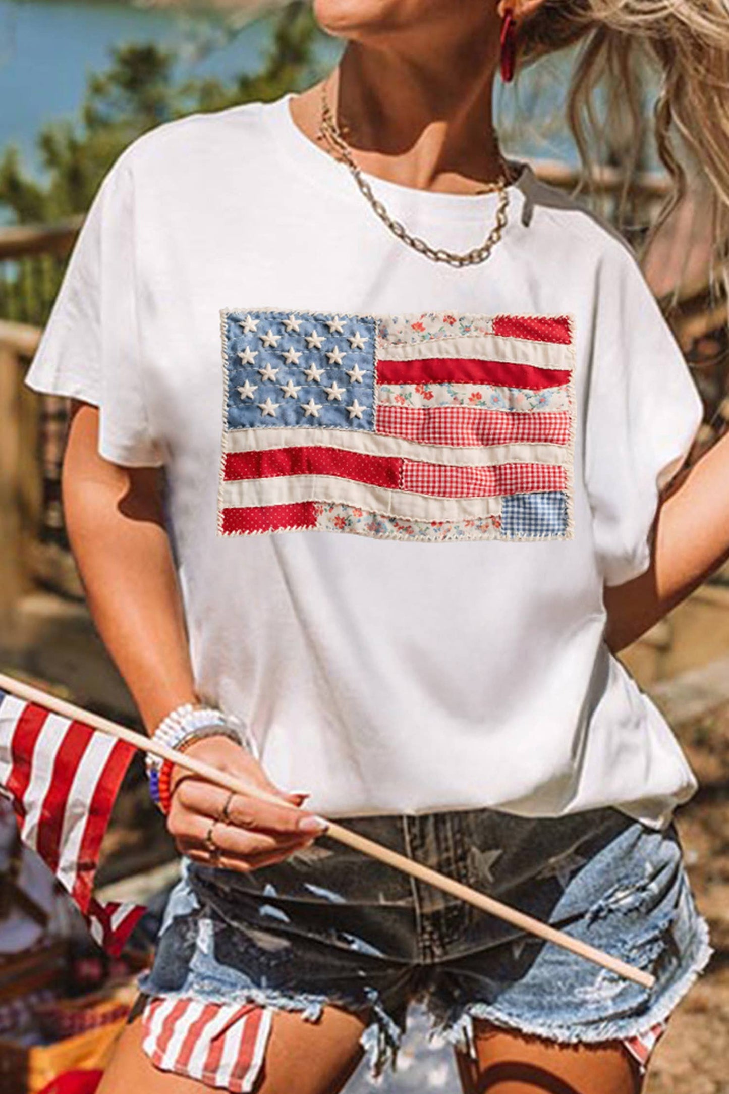 Faux Patchwork Printed US Flag Casual Tee