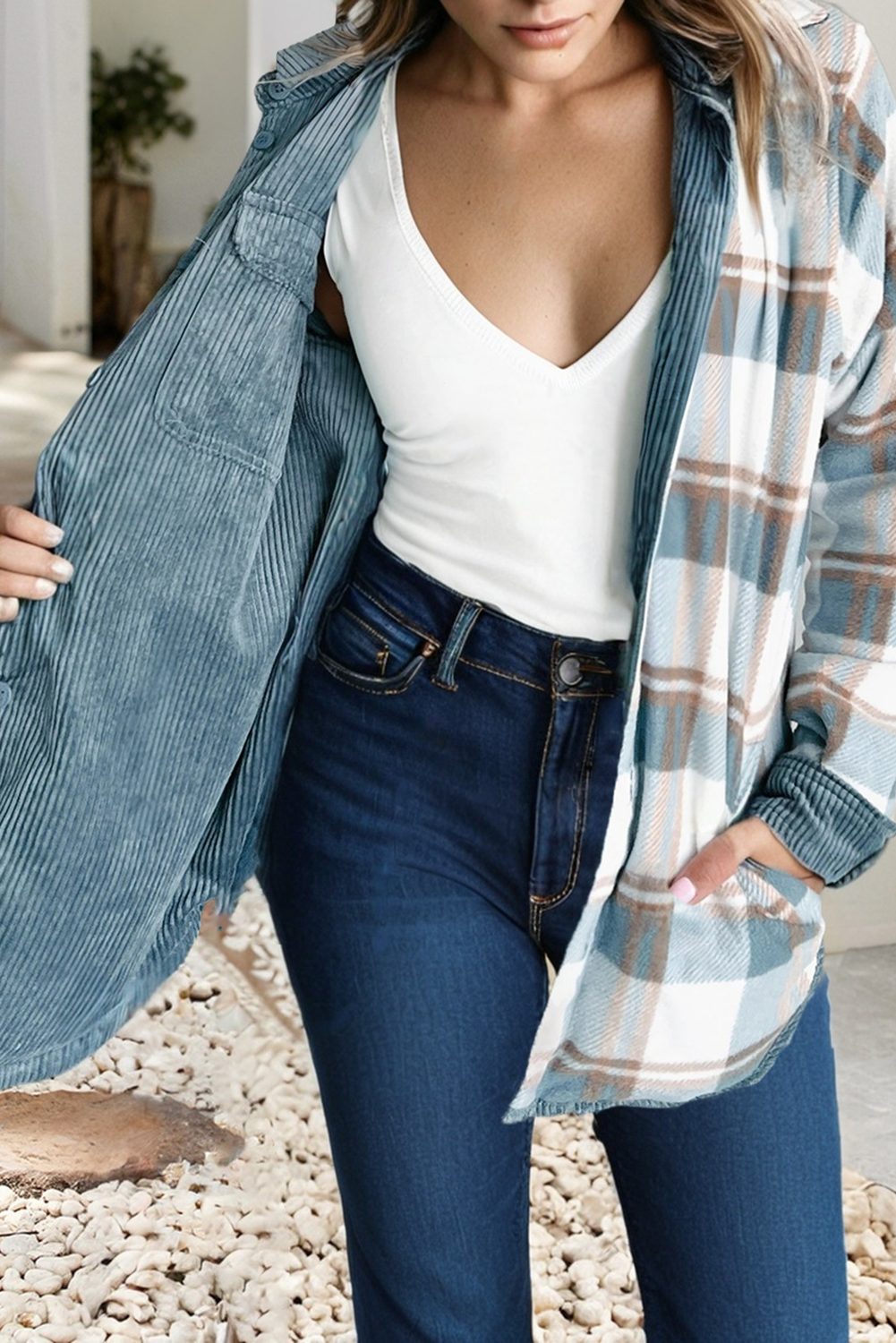 LDC Plaid Corduroy Reversible Button Up Shacket