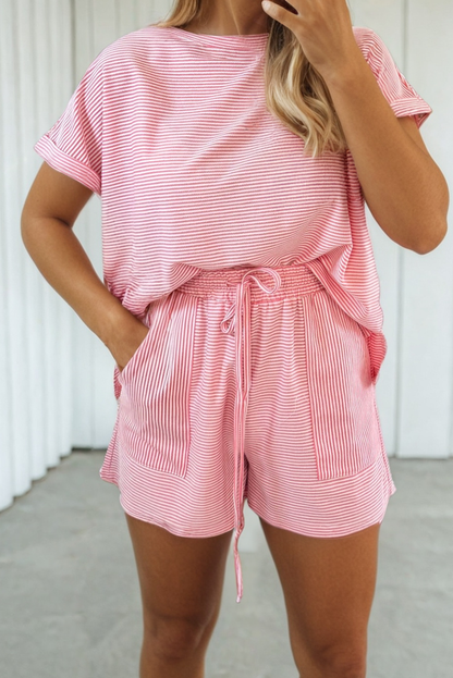 LAS Stripe Matching Short Sleeve Shorts Set
