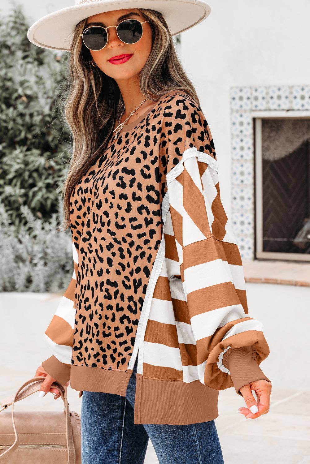 Casual Leopard and Striped Sleeve Crewneck