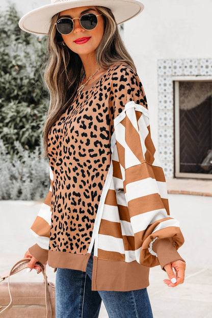 Casual Leopard and Striped Sleeve Crewneck