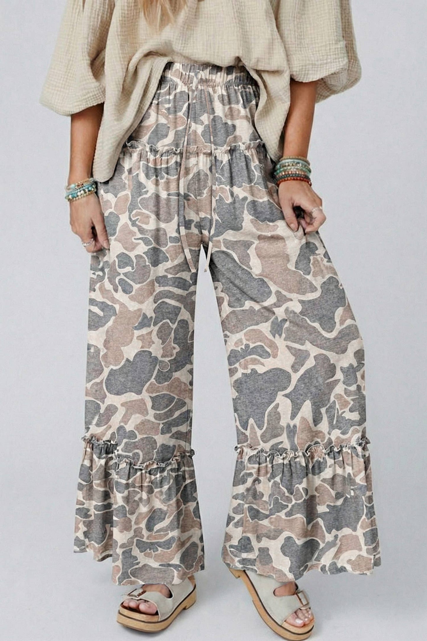 Camo Print Wide Leg Casual Pants