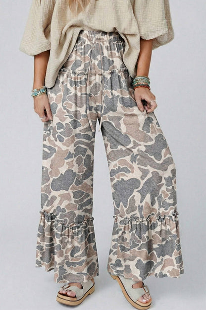 Camo Print Wide Leg Casual Pants