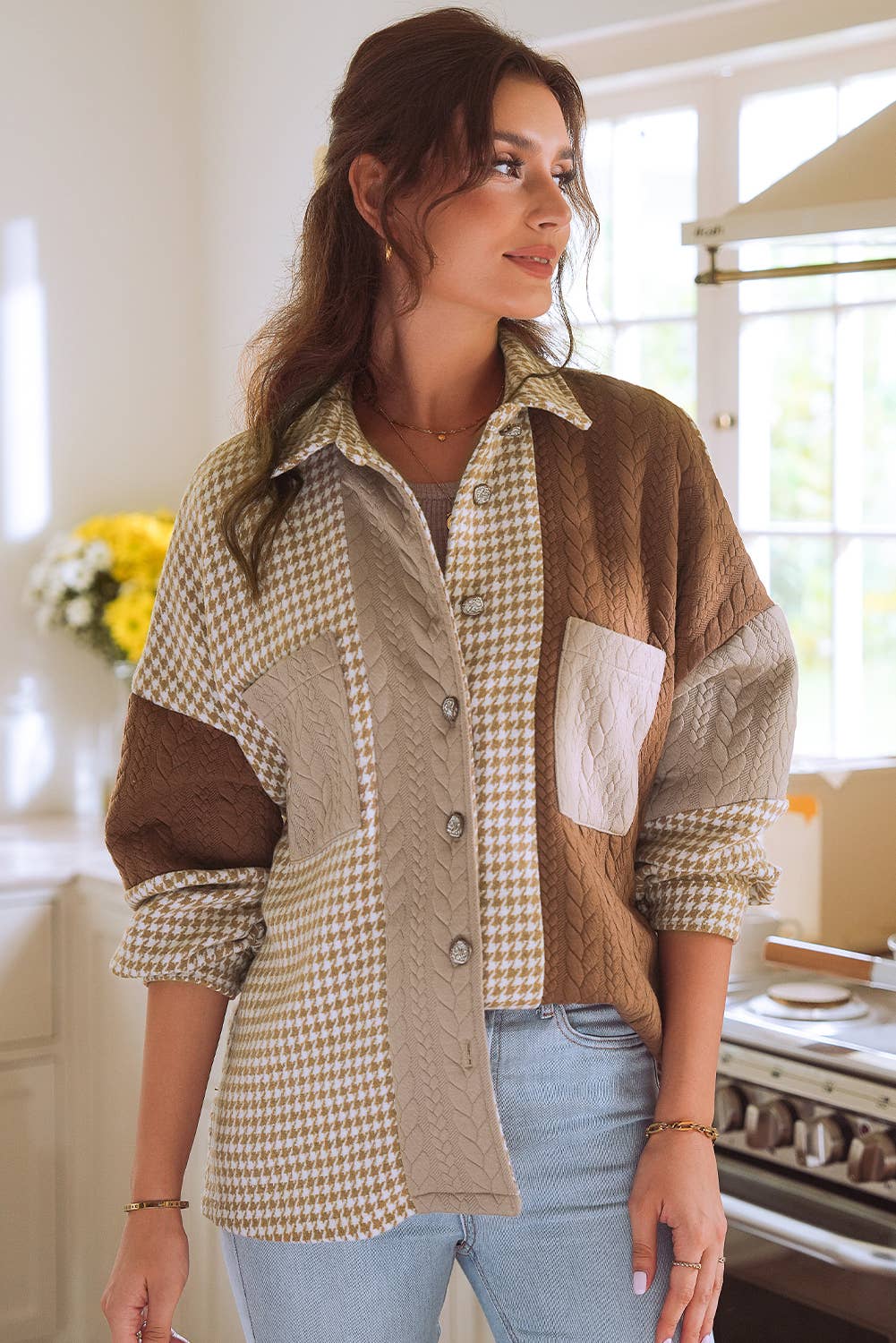 Houndstooth  Textured Patchwork Shacket