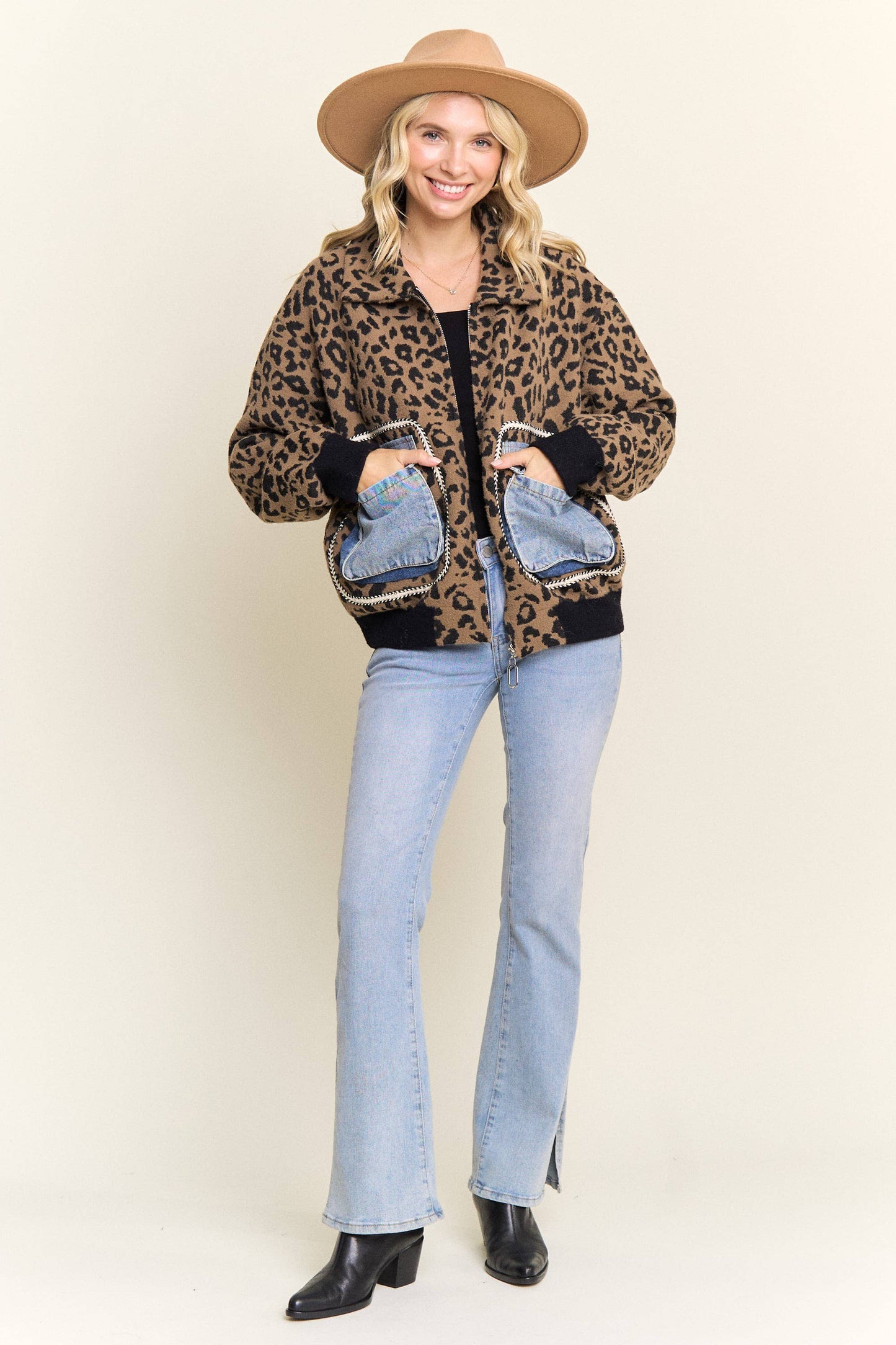 LEOPARD PRINT JACKET WITH DENIM POCKETS
