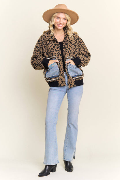 LEOPARD PRINT JACKET WITH DENIM POCKETS