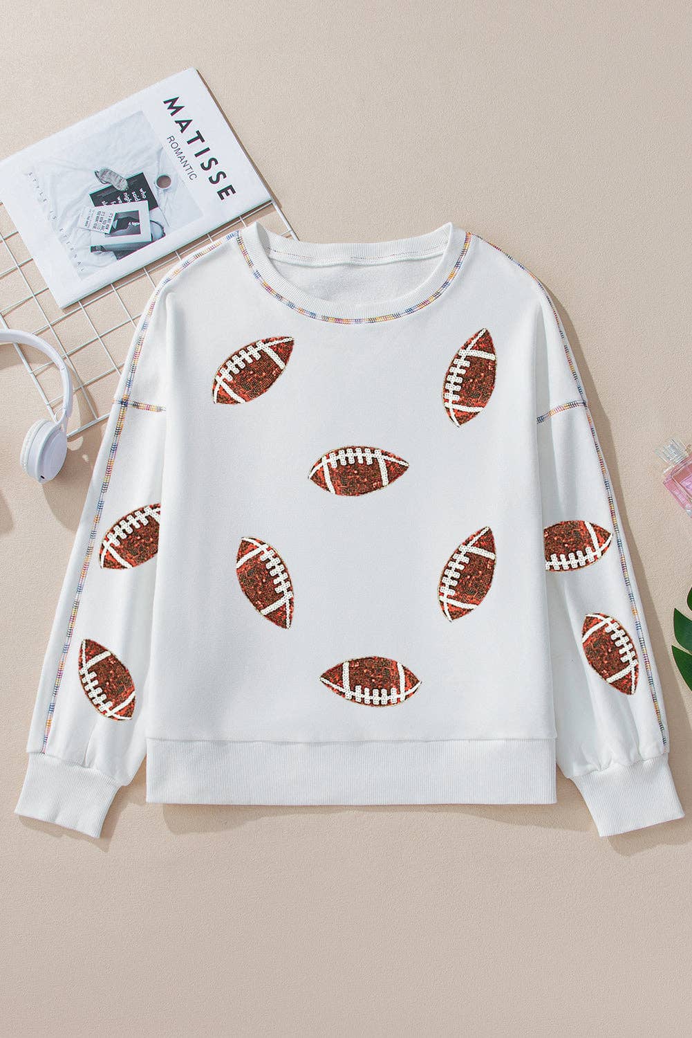 White Sequin Football Exposed Seam Sweatshirt
