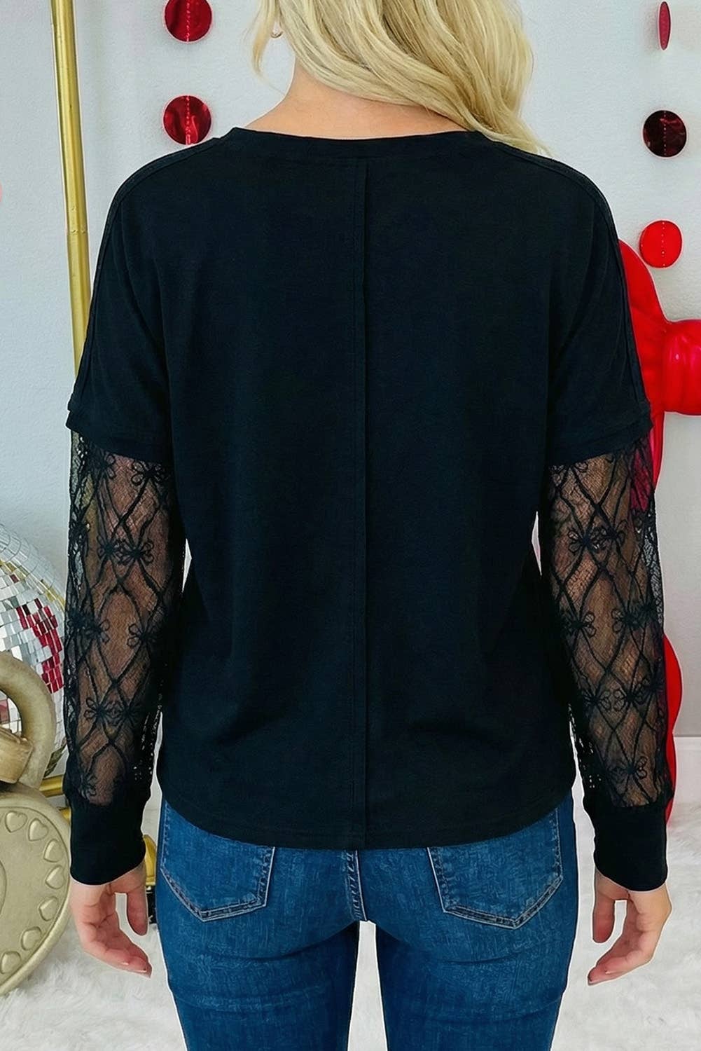 Bow Mesh Textured Long Sleeve Tee
