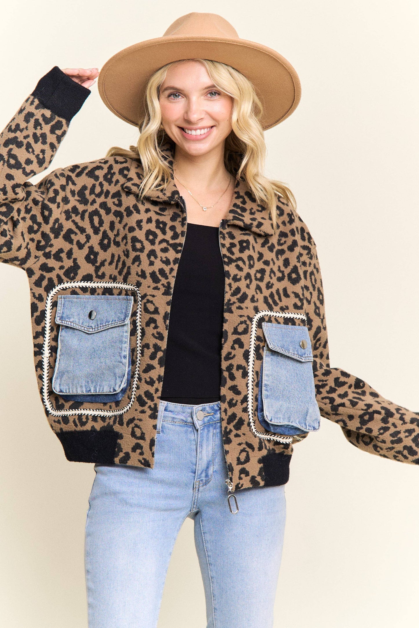 LEOPARD PRINT JACKET WITH DENIM POCKETS