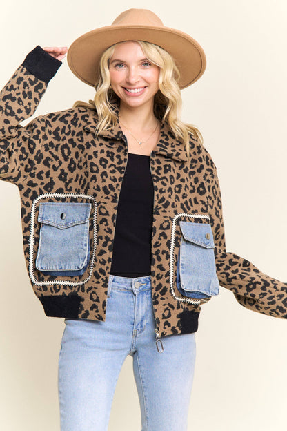 LEOPARD PRINT JACKET WITH DENIM POCKETS