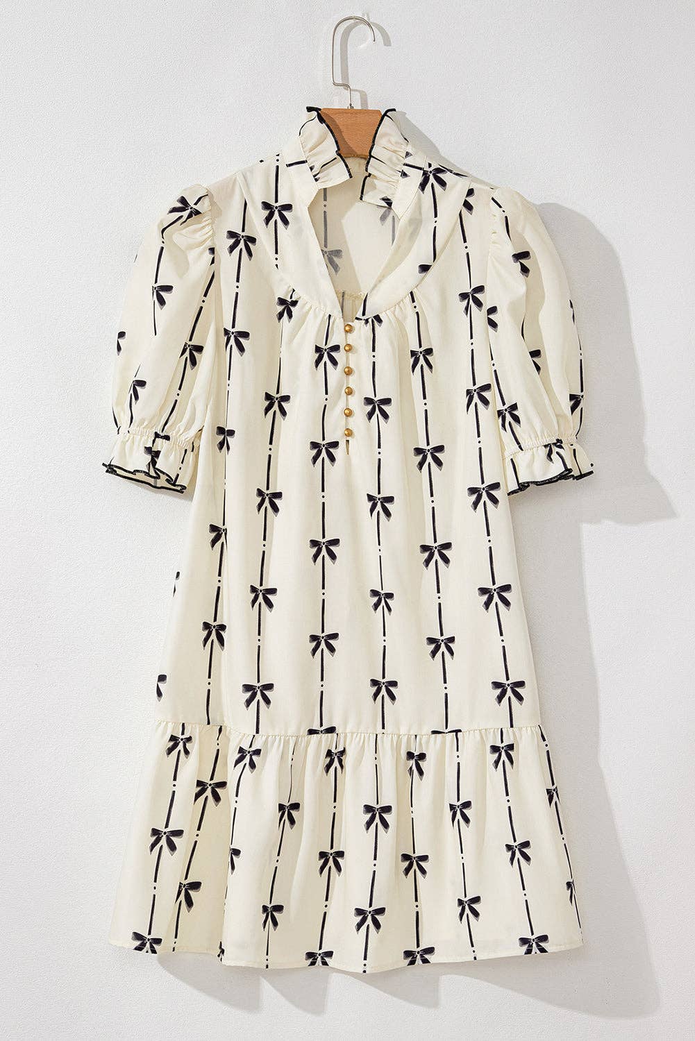 Bowknot Printed Bubble Sleeve V Neck Mini Dress