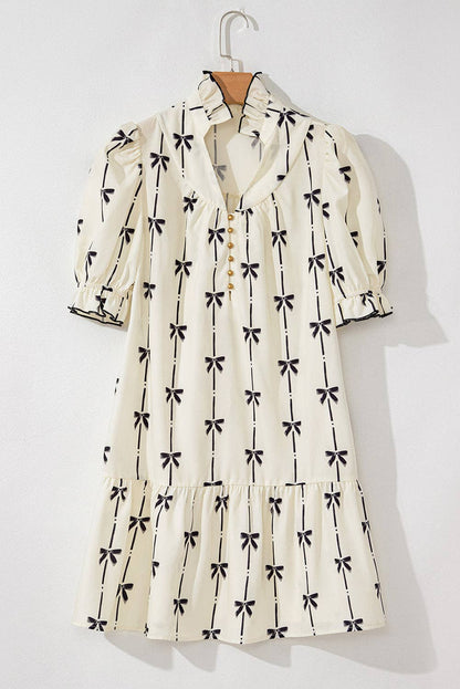 Bowknot Printed Bubble Sleeve V Neck Mini Dress