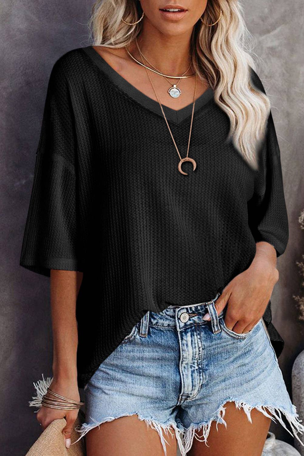 Waffle Texture Ribbed V Neck Drop Shoulder Loose Tee