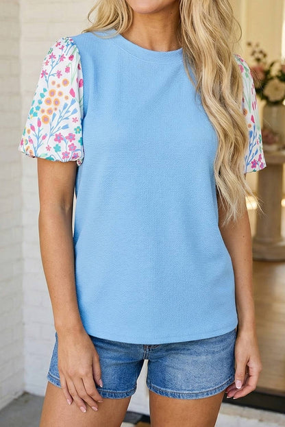 LAS Textured Contrast Floral Bubble Sleeve Blouse