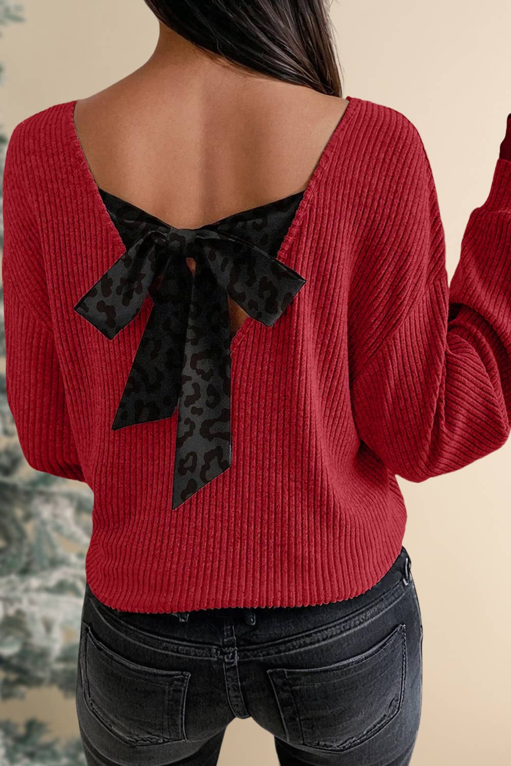 Leopard Print Back Bow Tie V Neck Blouse