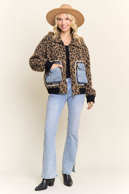 LEOPARD PRINT JACKET WITH DENIM POCKETS