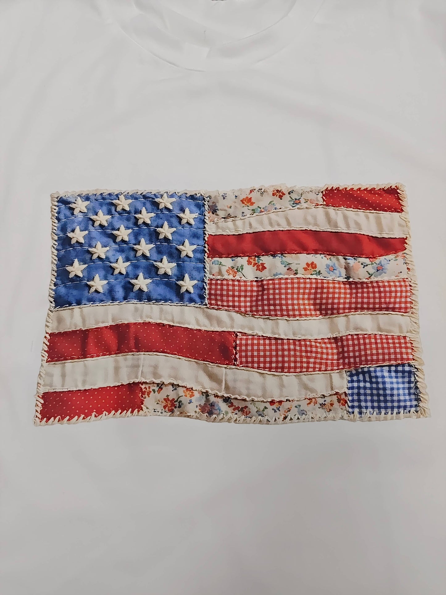 Faux Patchwork Printed US Flag Casual Tee