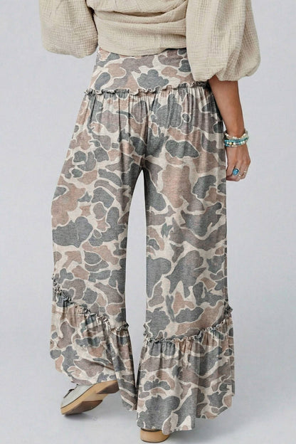 Camo Print Wide Leg Casual Pants