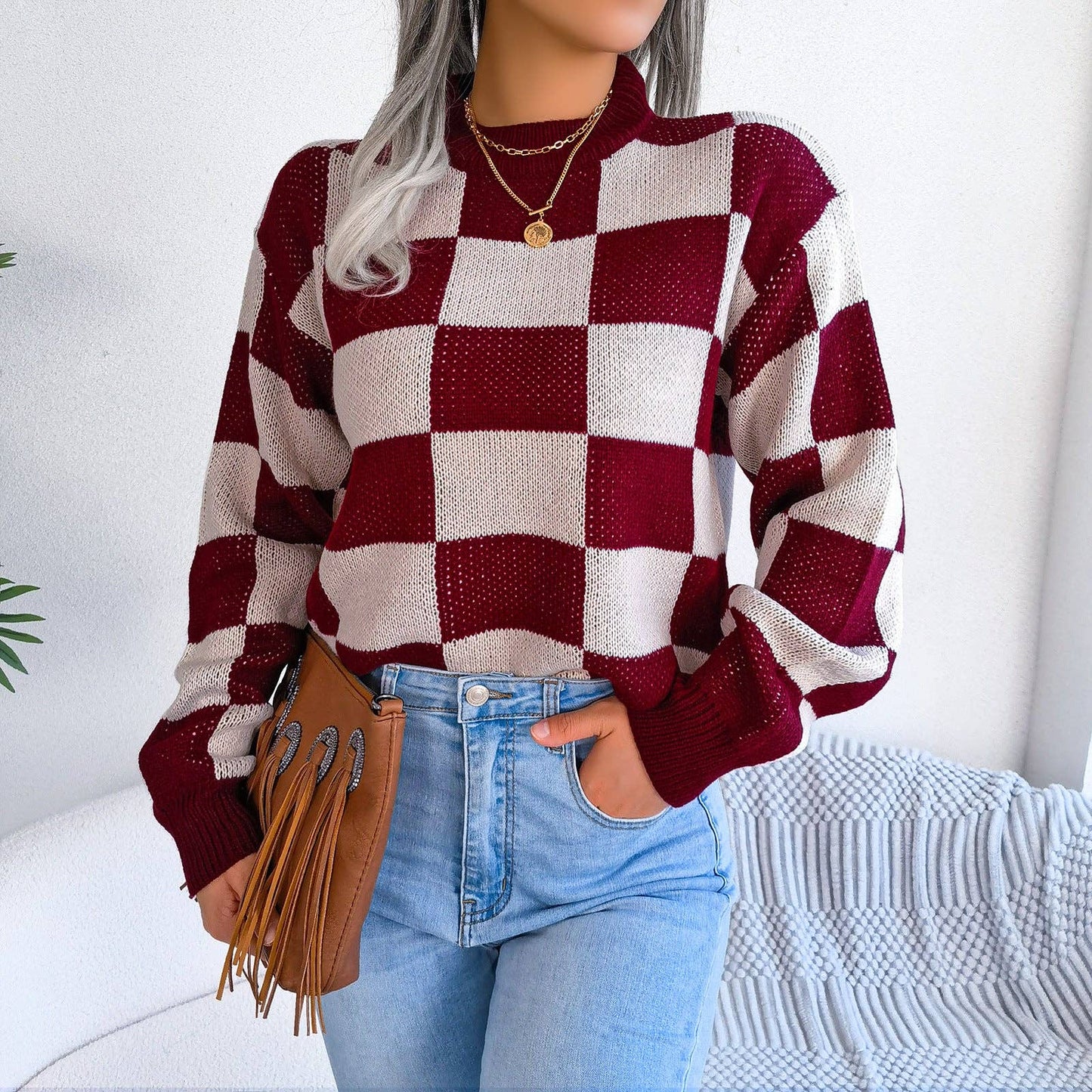 Checkered Knit Sweater