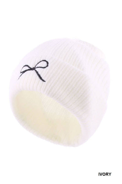 Bow Embroidered Cuff Beanie